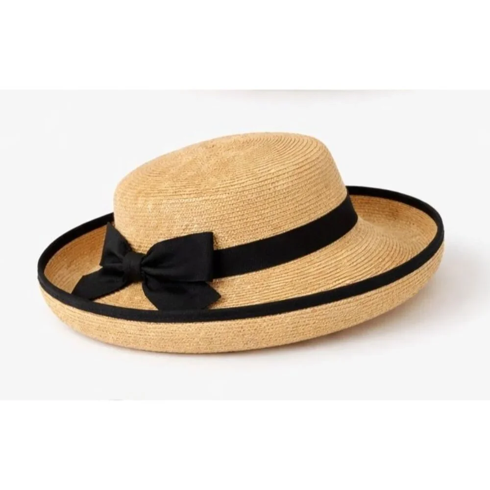 Talbots Straw Boater Hat with Black Bow – Classic Wide Brim Summer Hat - Picture 3 of 5